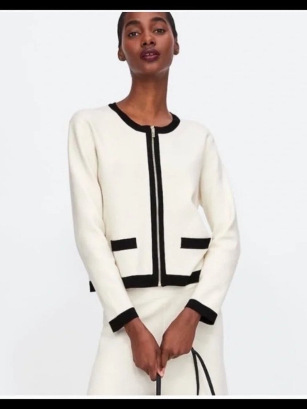 Zara White Knit Jacket with black accents, Small